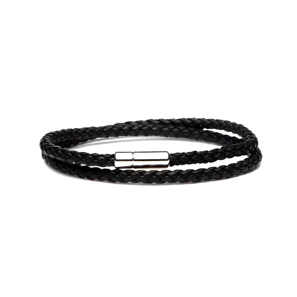 Linx Double Black Leather Braided Cord Bracelet